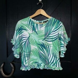 For Cynthia Linen Blend Boxy Ruffle Tropical Leaf Print Cropped Blouse Top Sz S